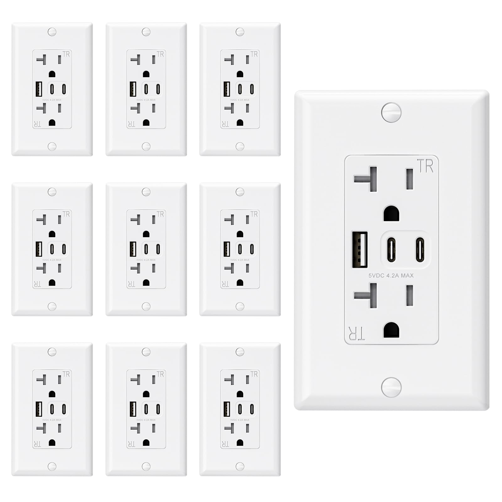 ELEGRP USB Wall Outlet, 3 USB Ports with Dual USB-C, 4.2A Fast Charging, Tamper-Resistant, Wall Plate Included, UL Listed