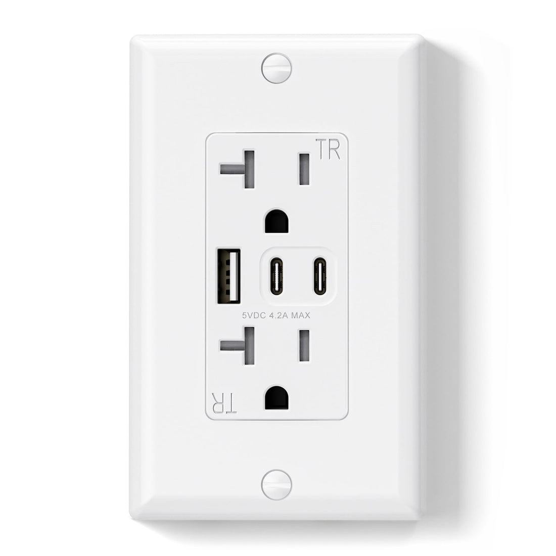 USB C/C/A, 4.2A 5VDC Total Output with 15A/20A, Tamper-Resistant Screw Wall Outlet