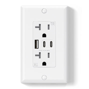 USB C/C/A, 4.2A 5VDC Total Output with 15A/20A, Tamper-Resistant Screw Wall Outlet