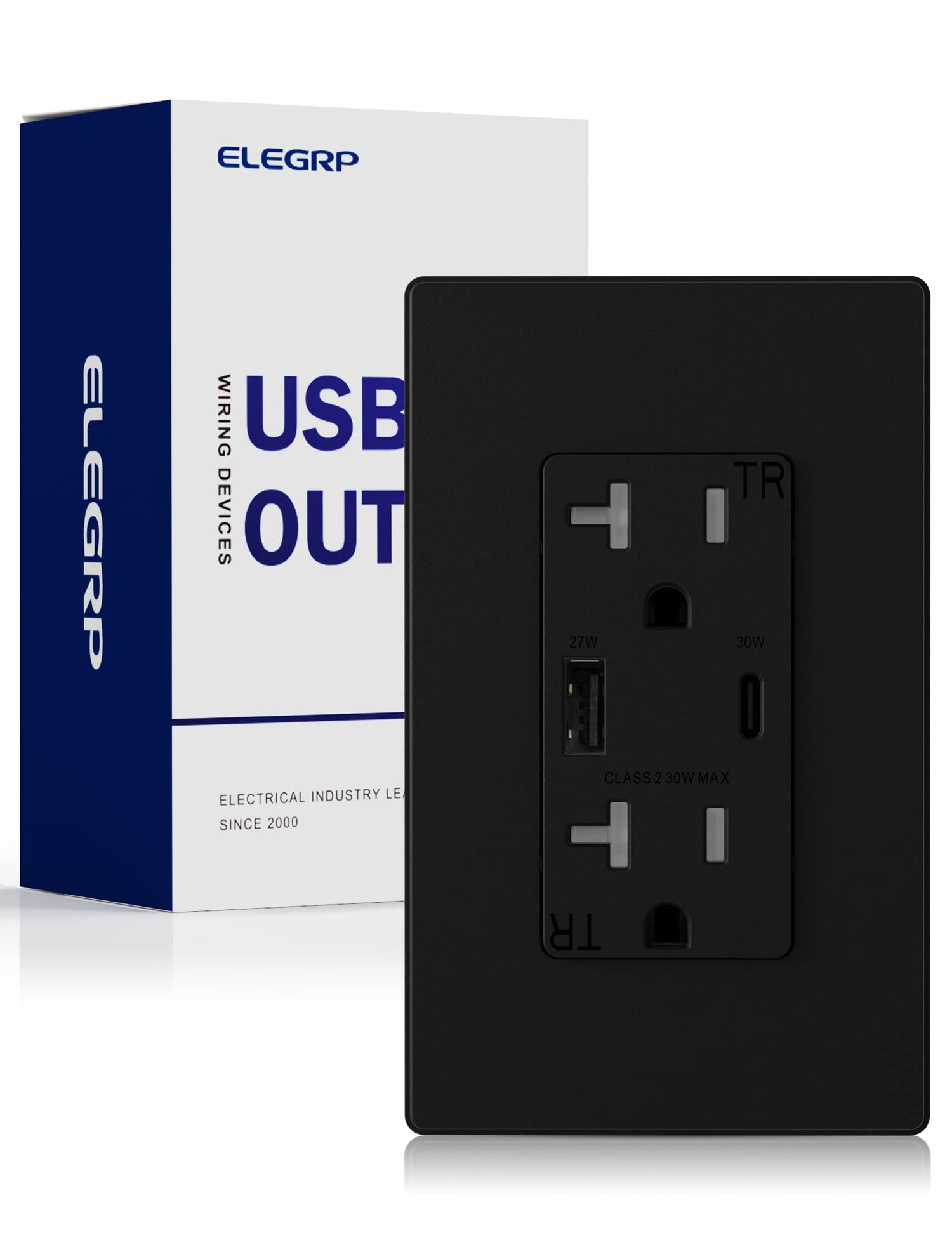 ELEGRP USB Wall Outlet, 30W High-Speed Charging, Dual USB-A & USB-C Ports, Tamper-Resistant, Screwless Wall Plate Included