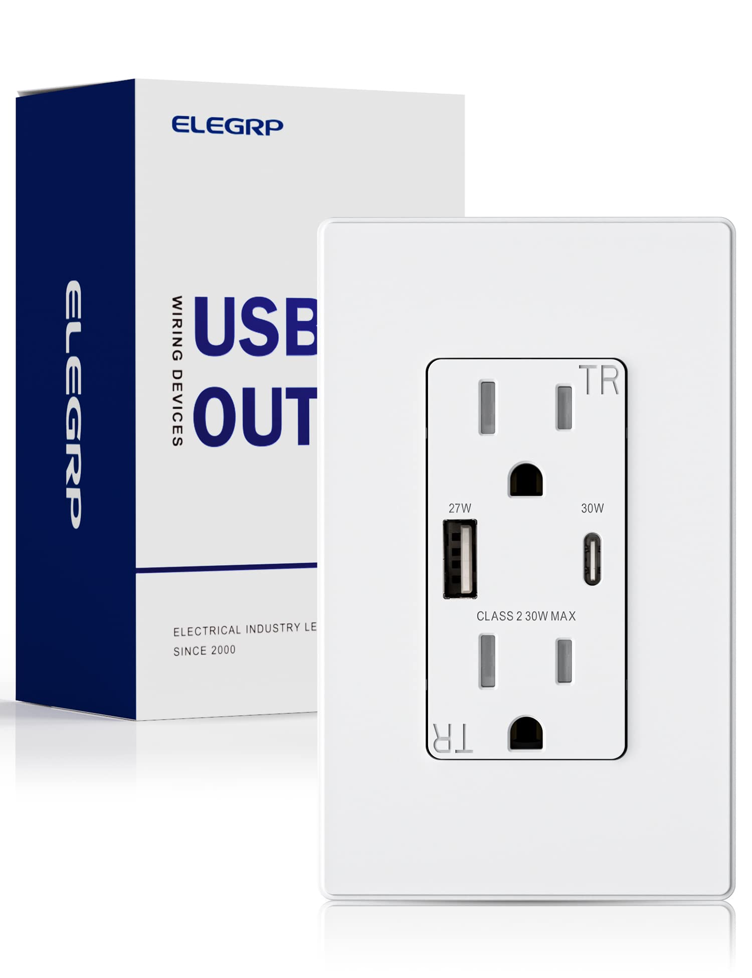 ELEGRP USB Wall Outlet, 30W High-Speed Charging, Dual USB-A & USB-C Ports, Tamper-Resistant, Screwless Wall Plate Included