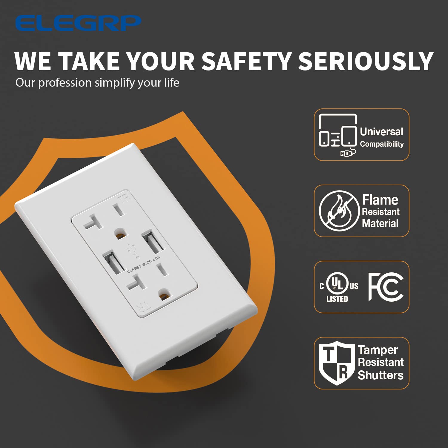 ELEGRP USB Wall Outlet, Dual USB-A Ports (4.0A), Tamper-Resistant Receptacle, Wall Plate Included, UL Listed