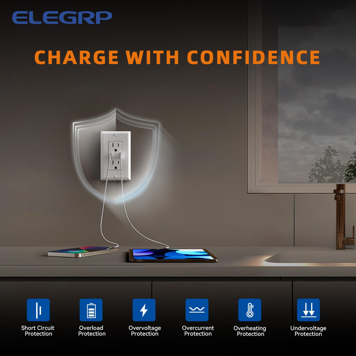 USB A/C, 3.6A 5VDC Total Output Outlet with 15A/20A, Tamper-Resistant Screw Wall Outlet