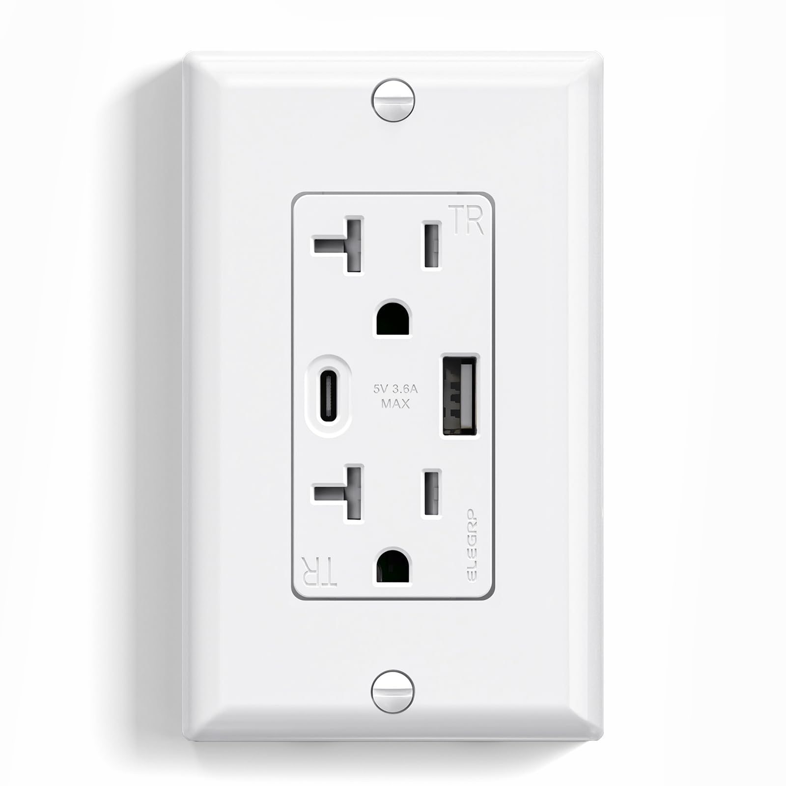 USB A/C, 3.6A 5VDC Total Output Outlet with 15A/20A, Tamper-Resistant Screw Wall Outlet