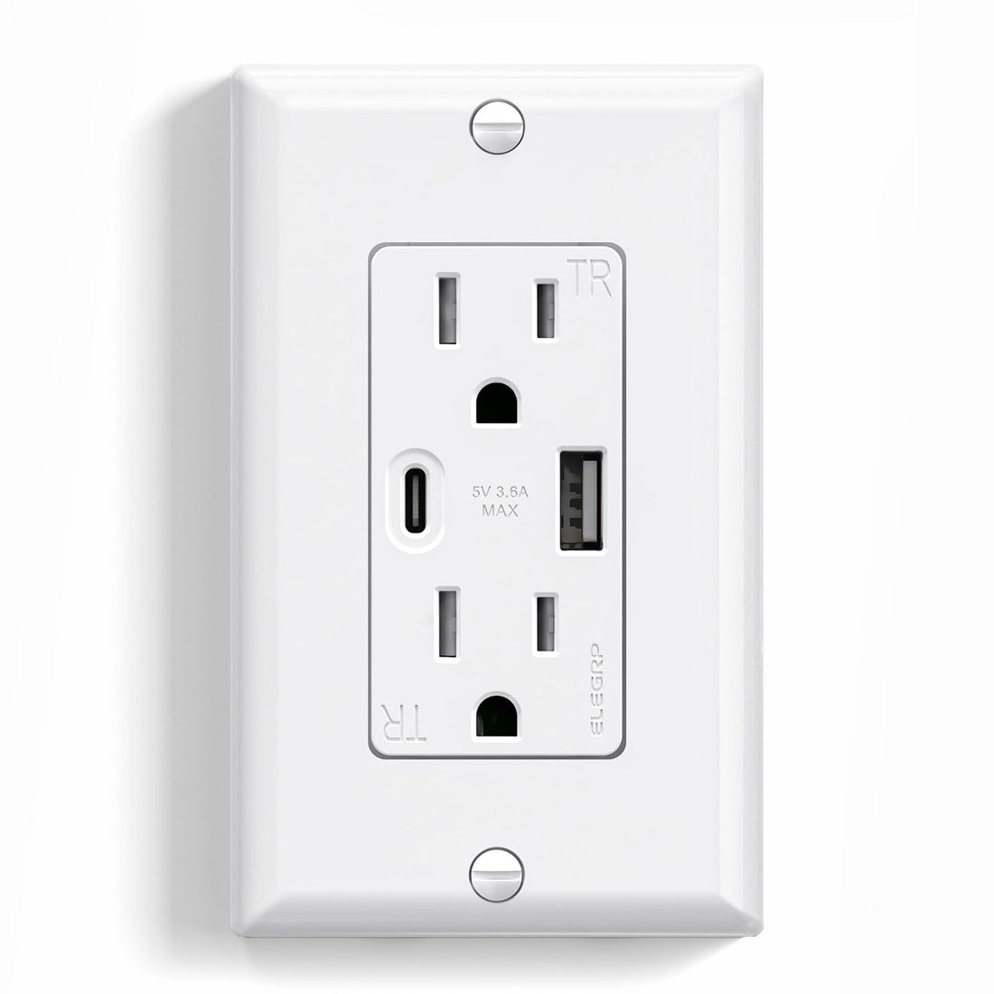 USB A/C, 3.6A 5VDC Total Output Outlet with 15A/20A, Tamper-Resistant Screw Wall Outlet