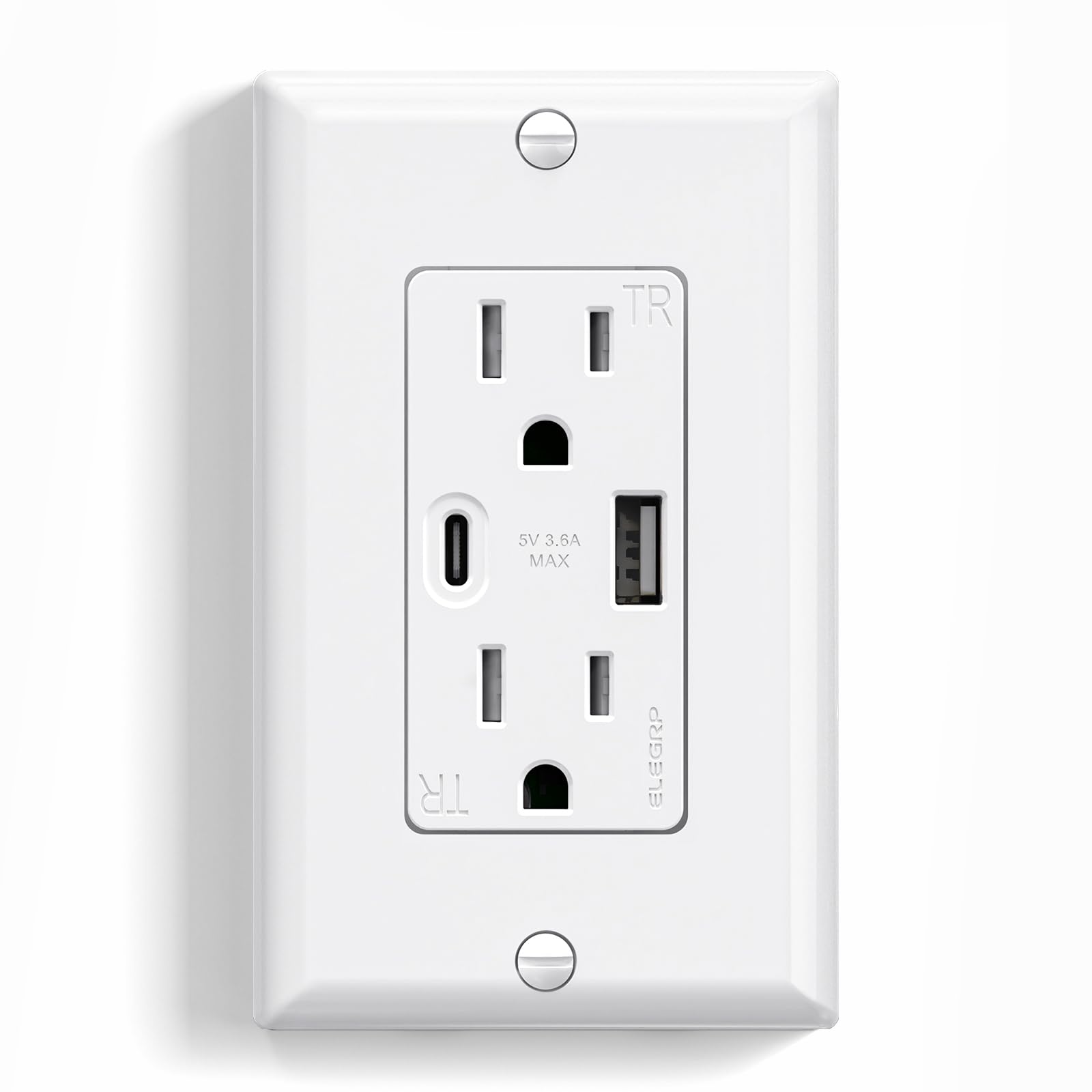 USB A/C, 3.6A 5VDC Total Output Outlet with 15A/20A, Tamper-Resistant Screw Wall Outlet