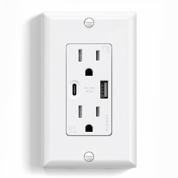 USB A/C, 3.6A 5VDC Total Output Outlet with 15A/20A, Tamper-Resistant Screw Wall Outlet