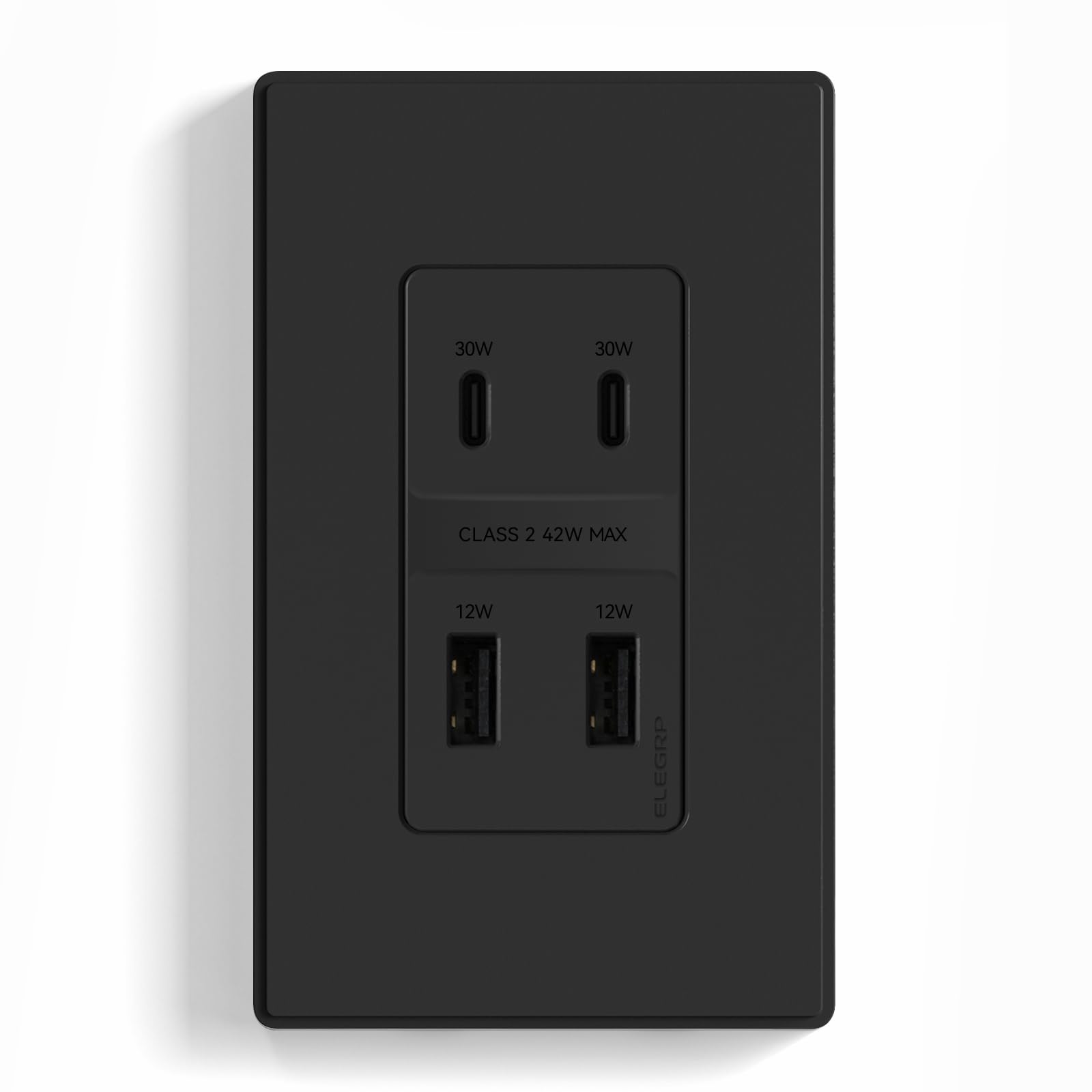 ELEGRP USB Wall Outlet, 4-Port 42W Fast Charger with Dual USB-C and Dual USB-A Ports, PD 3.0 & QC 3.0 Support, Screwless Wall Plate Included, UL Listed