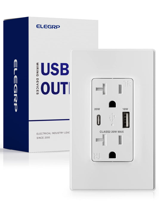 ELEGRP USB Wall Outlets Type AC 2-Ports 20W TR Receptacles Matte