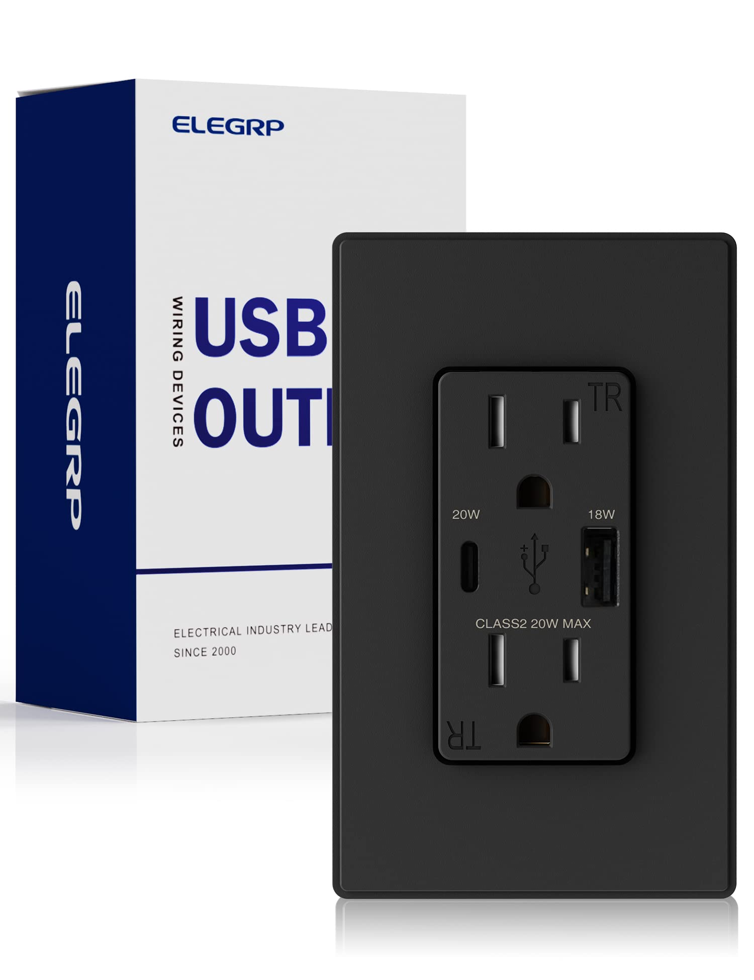 ELEGRP USB Wall Outlet, Type A & C Dual Ports, 20W TR Receptacle, Matte Finish, Tamper-Resistant, 15A/20A, UL Listed