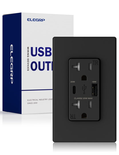 ELEGRP USB Wall Outlets Type AC 2-Ports 20W TR Receptacles Matte