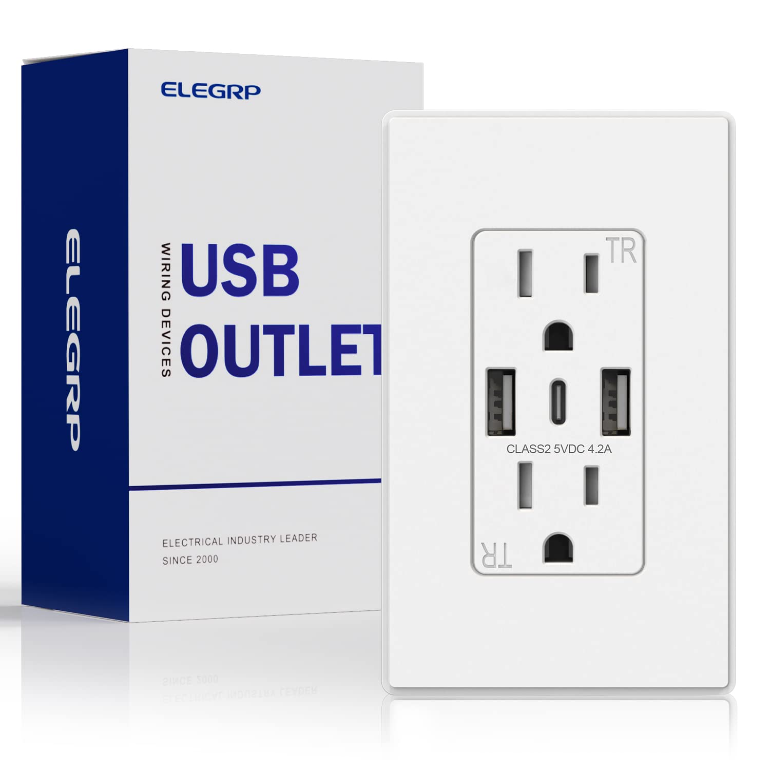 ELEGRP USB Wall Outlet, 3-Port USB C & USB A Tamper-Resistant Receptacles, 21W 4.2A Total Output, Screwless Wall Plate Included, UL Listed