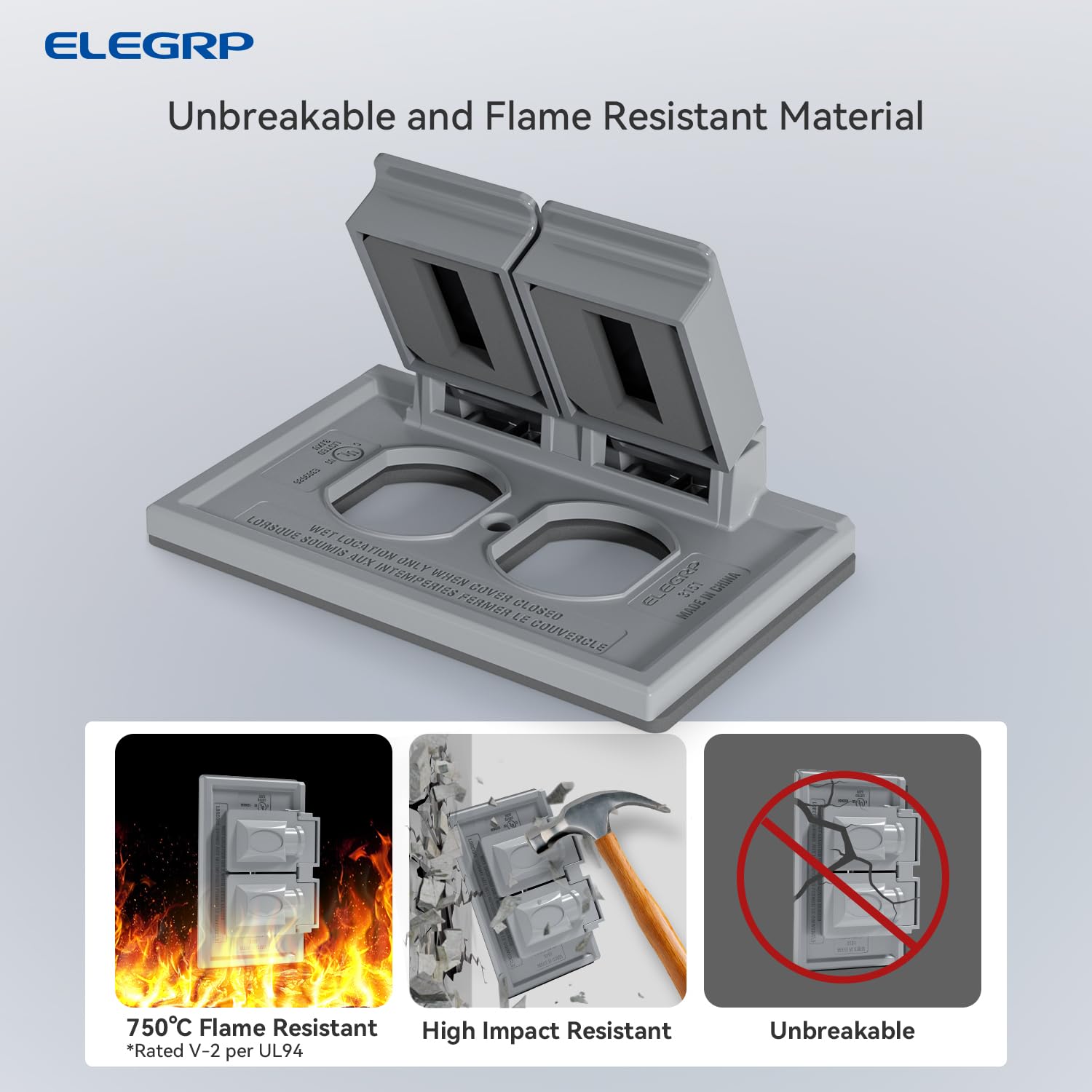 ELEGRP Horizontal Outdoor Cover for Duplex Receptacles, Weatherproof Outlet Cover, Unbreakable Polycarbonate, UL Listed