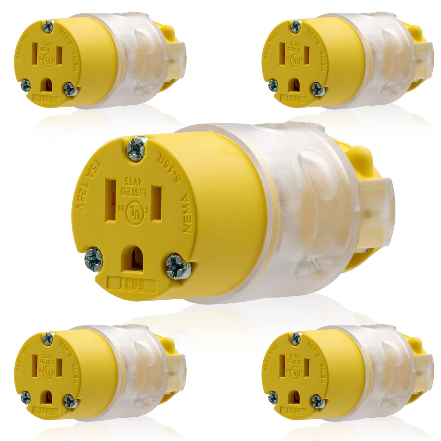 ELEGRP Lighted Electrical Plug and Connector Set, 15A 125V, NEMA 5-15P & NEMA 5-15R, 2 Pole 3 Wire Grounding, Commercial Grade, Yellow