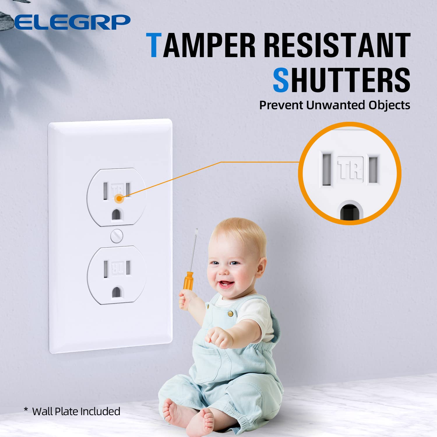 ELEGRP Tamper-Resistant Duplex Receptacle, 15A 125V, Self-Grounding Standard Wall Outlet, Residential Grade, UL Listed, White/Black