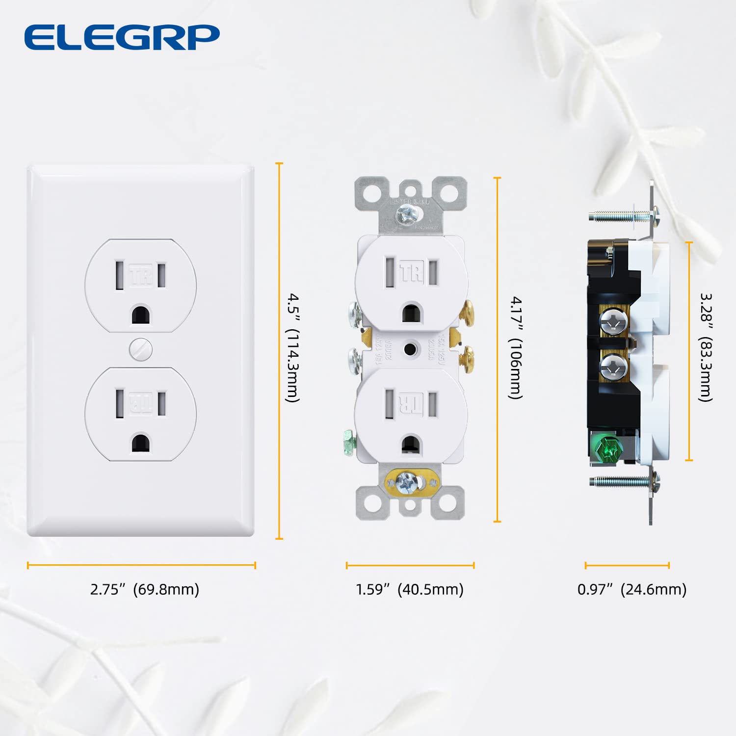 ELEGRP Tamper-Resistant Duplex Receptacle, 15A 125V, Self-Grounding Standard Wall Outlet, Residential Grade, UL Listed, White/Black
