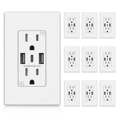 ELEGRP USB Wall Outlet, 3-Port USB C & USB A Tamper-Resistant Receptacles, 21W 4.2A Total Output, Screwless Wall Plate Included, UL Listed