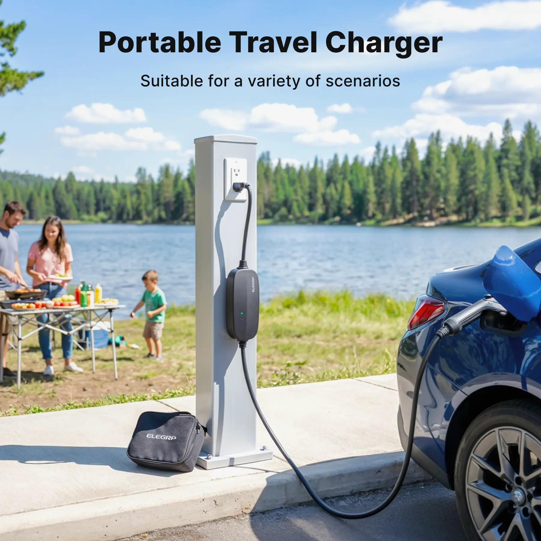 Flexible Level 1-2 J1772 EV Portable Charger with Dual Plug