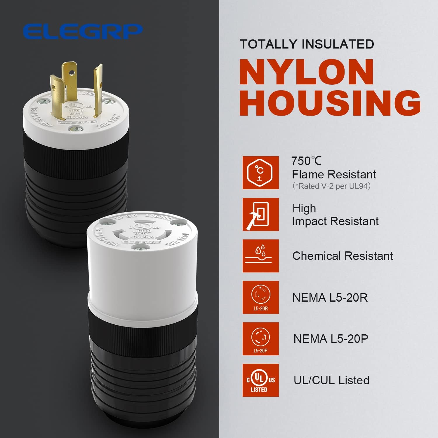 ELEGRP NEMA L5-20P & L5-20R Locking Plug and Connector Set, Generator Twist Lock Adapter, 20A 125V, 2-Pole 3-Wire Grounding