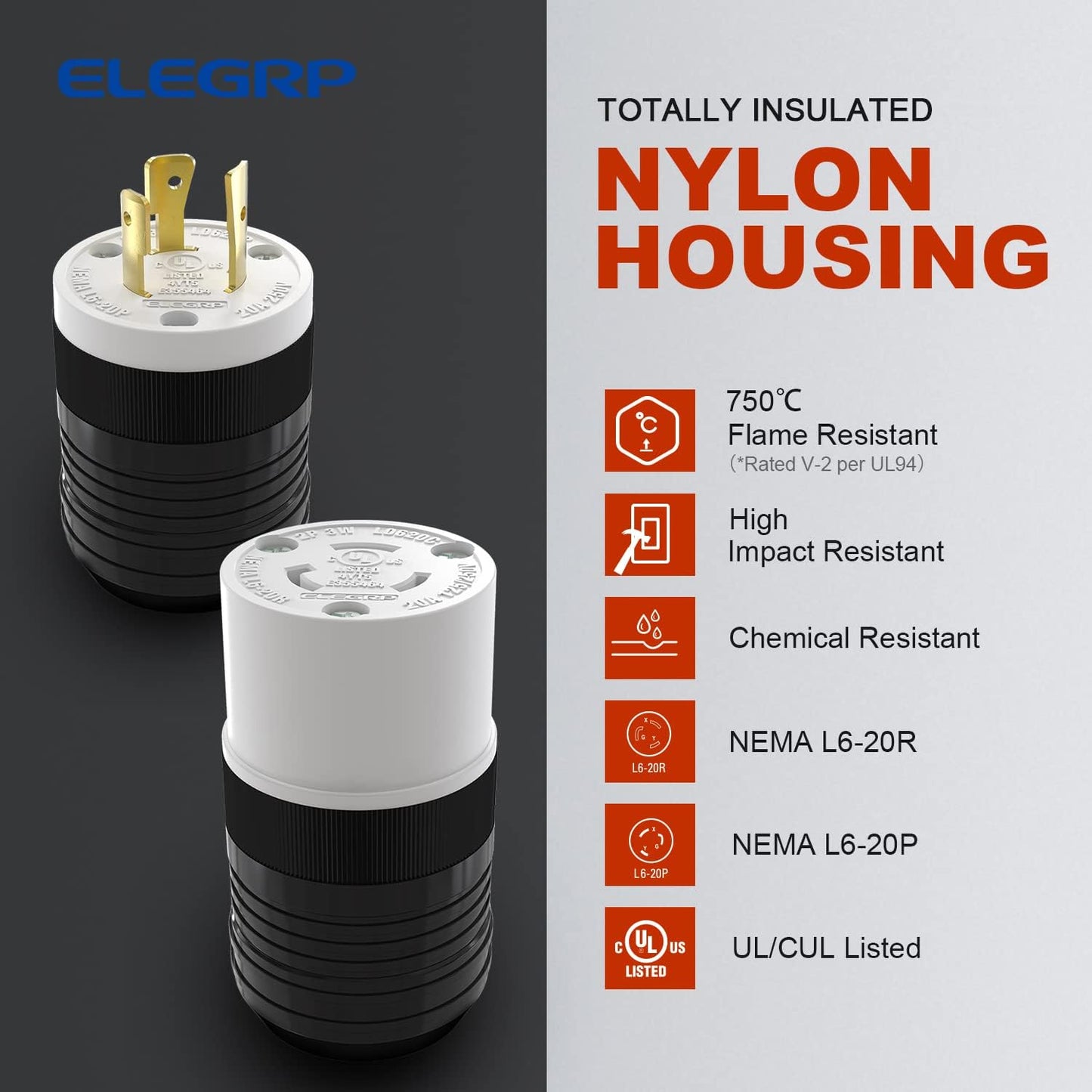 ELEGRP Twist Lock Adapter Male Plug & Connector Nema L6-20P and L6-20R 2 Pole 3 Wire Grounding Receptacle 20A 250V