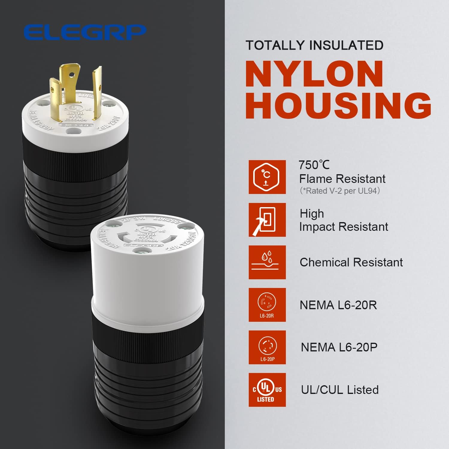ELEGRP Twist Lock Adapter, NEMA L6-20P & L6-20R, 20A 250V, 2 Pole 3 Wire Grounding Plug & Connector Set, Heavy-Duty Design