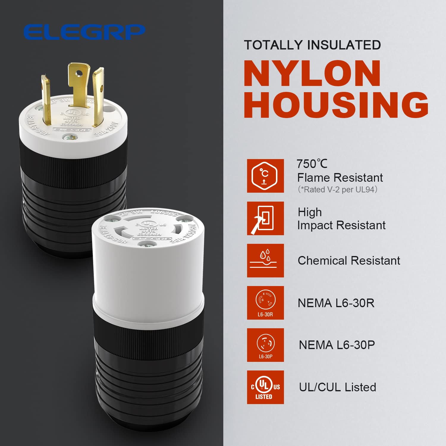 ELEGRP Twist Lock Adapter, NEMA L6-30P & L6-30R, 30A 250V, 2 Pole 3 Wire Grounding Plug & Connector Set, Heavy-Duty Design