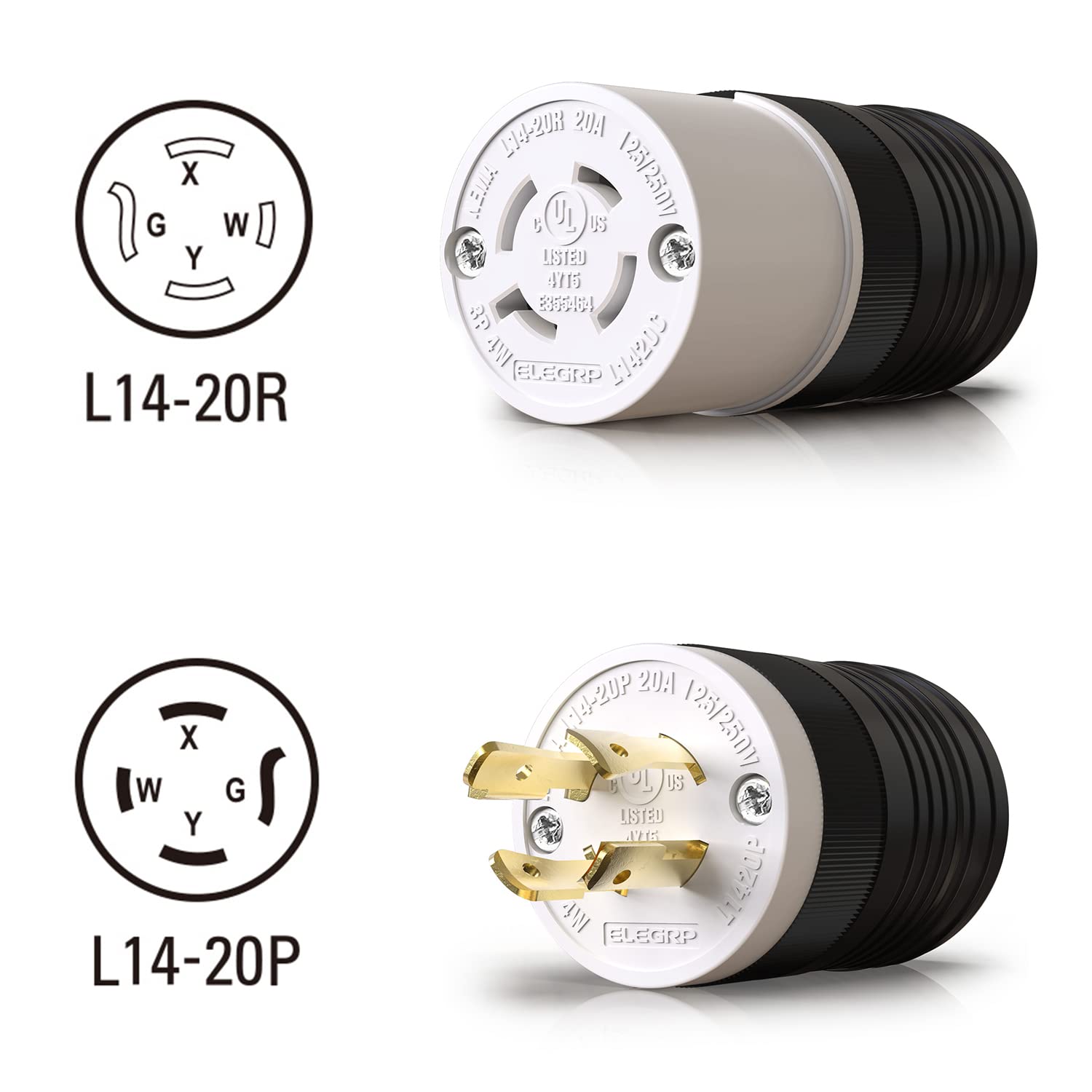 ELEGRP NEMA L14-20P & L14-20R Locking Plug and Connector Set, Generator Twist Lock Adapter, 20A 125/250V, 3 Pole 4 Wire Grounding