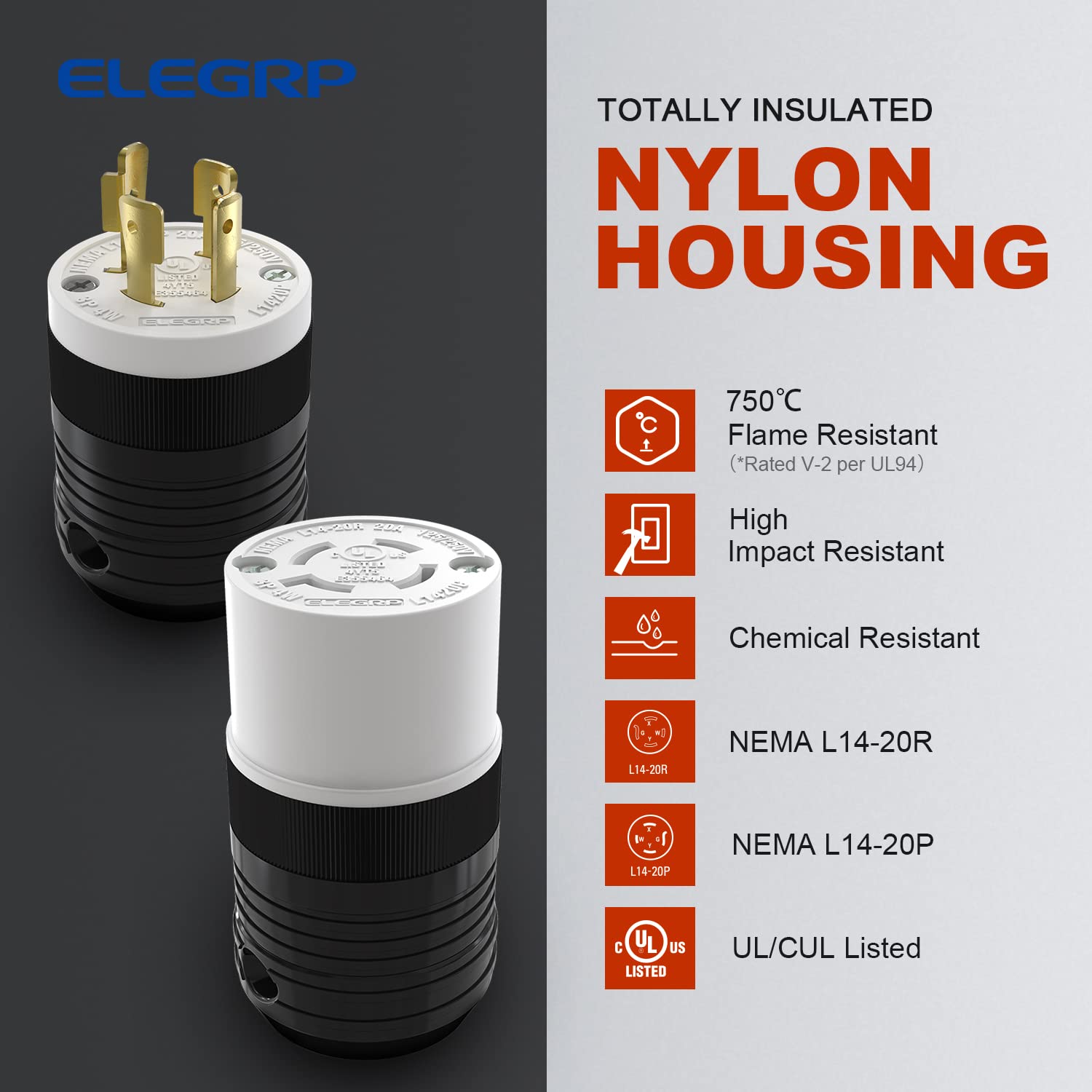 ELEGRP NEMA L14-20P & L14-20R Locking Plug and Connector Set, Generator Twist Lock Adapter, 20A 125/250V, 3 Pole 4 Wire Grounding