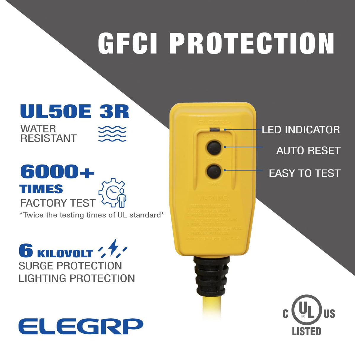 ELEGRP 15A Auto Reset GFCI Extension Cord with Single Outlet, 12/3 Heavy Duty SJTW Cable