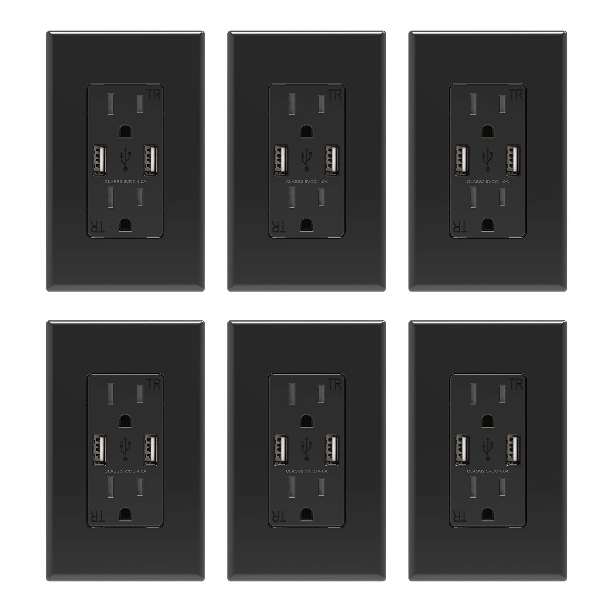 USB A/A, 4.0A 5VDC Total Output Outlet with 15A/20A, Tamper-Resistant Wall Outlet