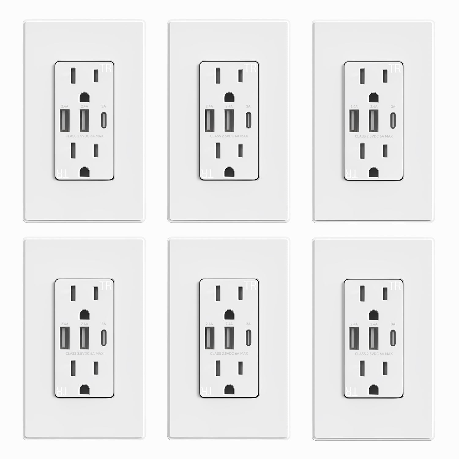 USB A/A/C, 6.0A 5VDC Total Output Outlet with 15A/20A, Tamper-Resistant Wall Outlet