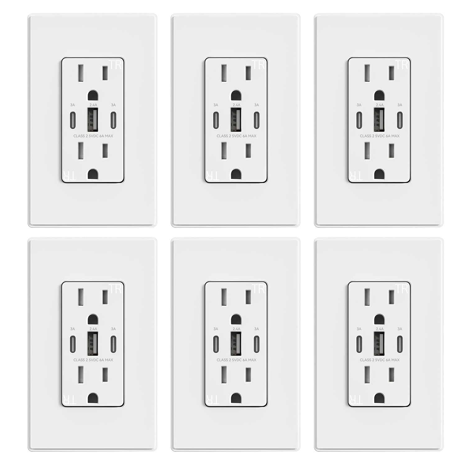 USB C/C/A, 6.0A 5VDC Total Output Outlet with 15A/20A, Tamper-Resistant Wall Outlet