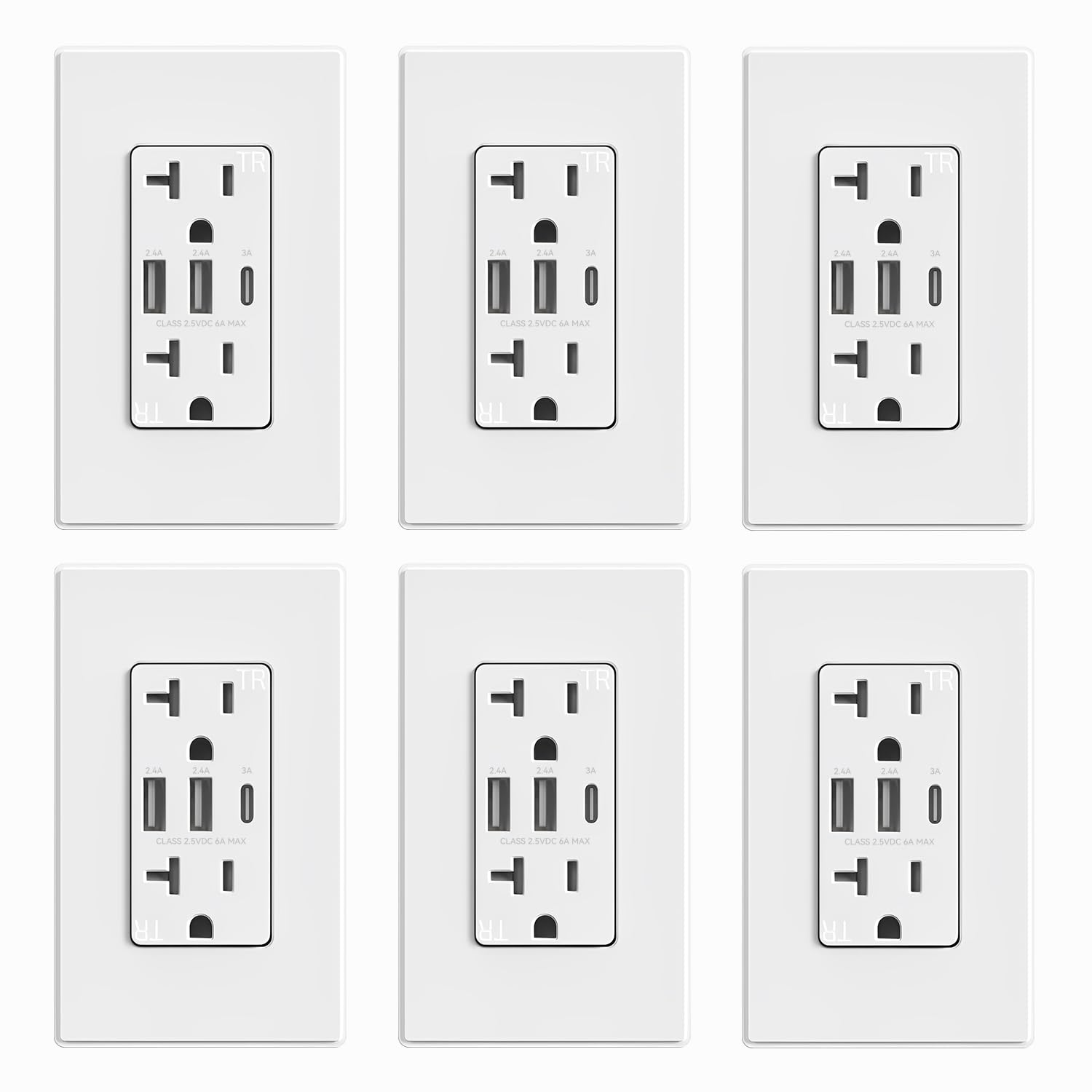 USB A/A/C, 6.0A 5VDC Total Output Outlet with 15A/20A, Tamper-Resistant Wall Outlet