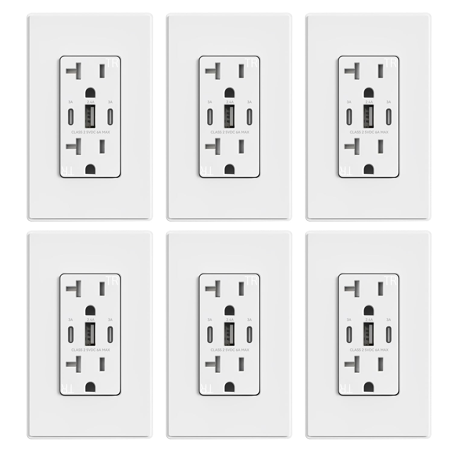 USB C/C/A, 6.0A 5VDC Total Output Outlet with 15A/20A, Tamper-Resistant Wall Outlet