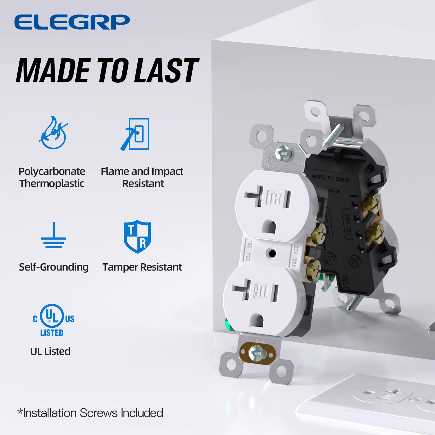 ELEGRP Duplex Outlets, 20A 125V, TR & WR, Tamper-Resistant and Weatherproof, 2 Pole 3 Wire, Back and Side Wiring, UL Listed