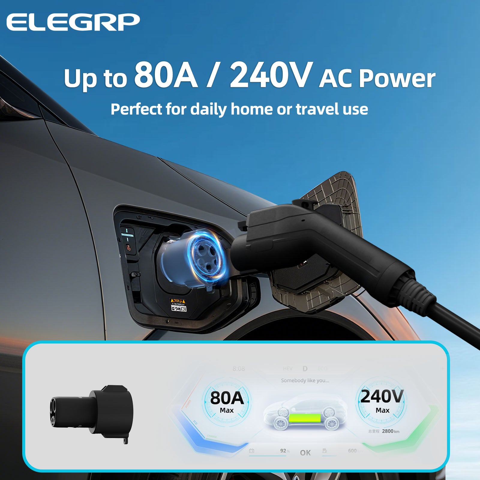 EV Charging Adapter 80A 250V AC, J1772 Charger to NACS Vehicle