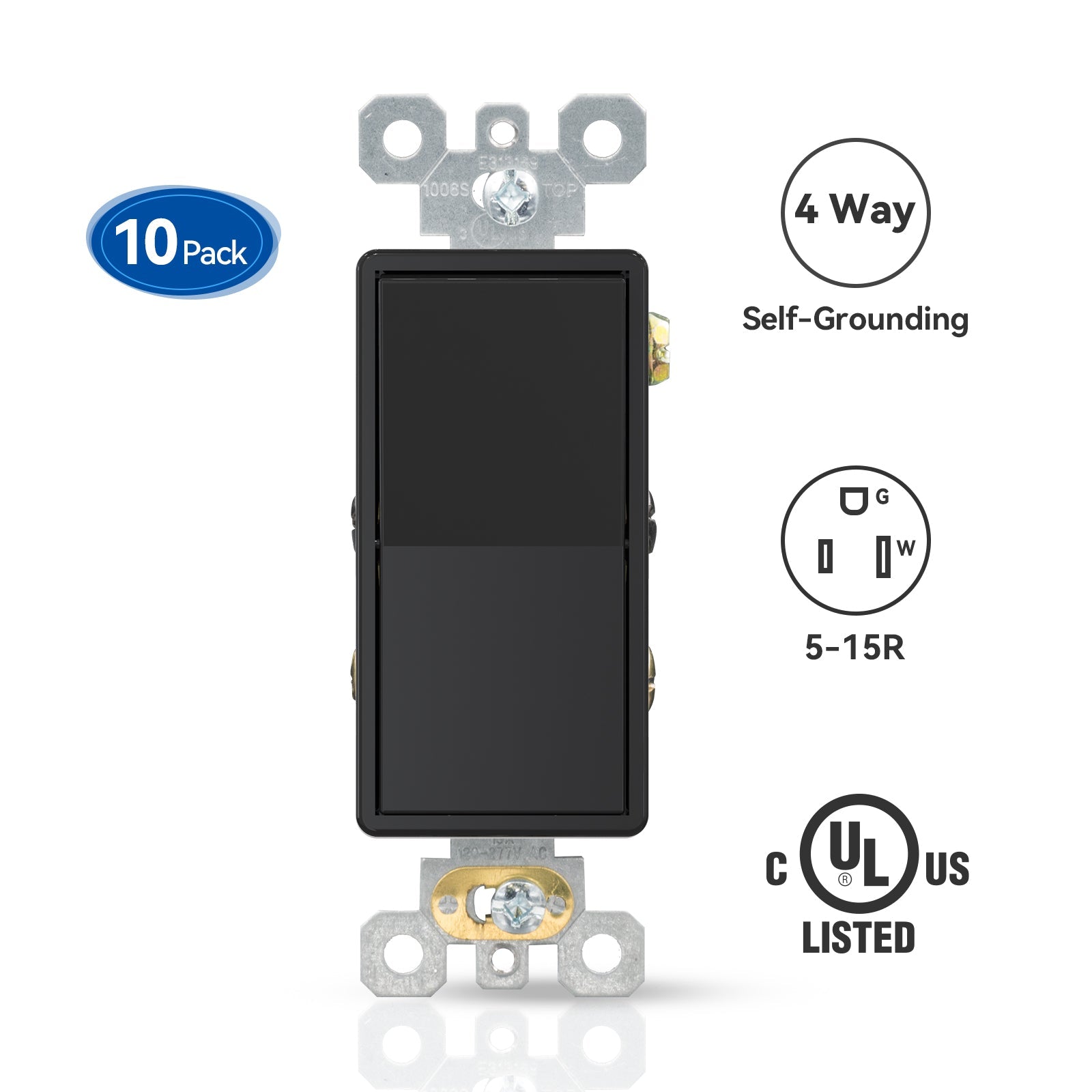 ELEGRP 4-Way Decorative Light Switch, 15A 120/277V, Self-Grounding, Quick Push-In Wiring, Rocker Paddle Wall Switch Replacement, UL Listed (10 Pack)