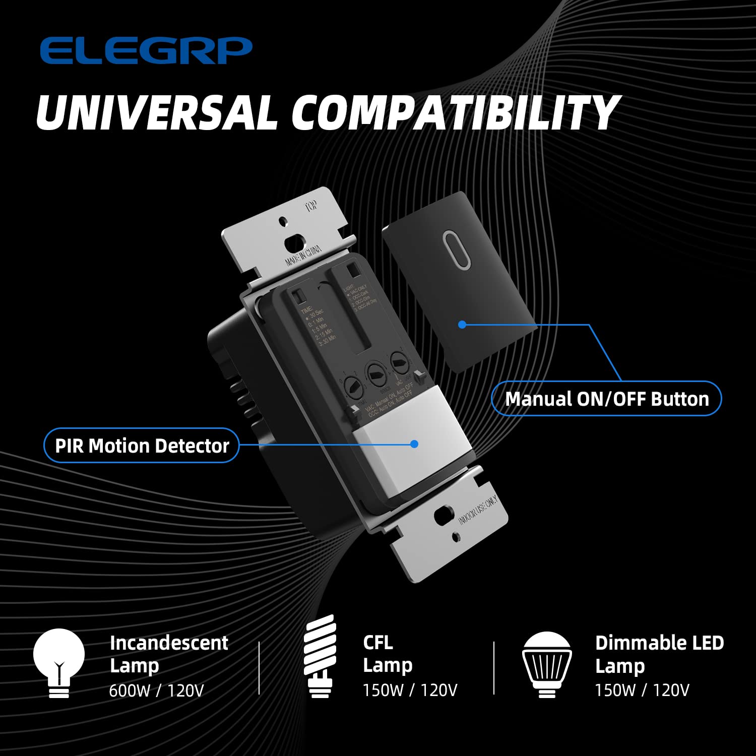 ELEGRP Motion Sensor Light Switch, Single-Pole or Dual Location Control, No Neutral Wire Needed, Wall Plate Included, UL Listed