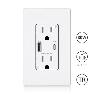 USB A/C, 30W 6.0A Total Output Outlet with 15A/20A, Tamper-Resistant Wall Outlet