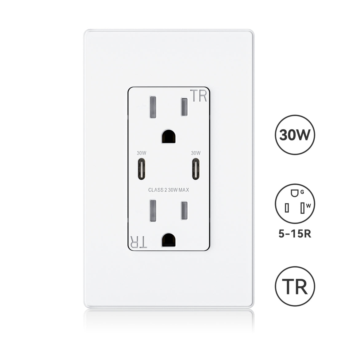 USB C/C, 30W 6.0A Total Output Outlet with 15A/20A, Tamper-Resistant Wall Outlet