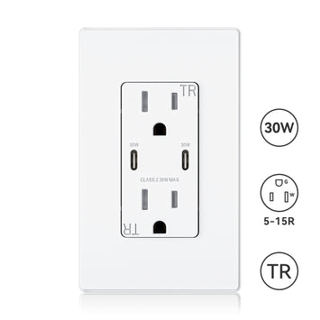 USB C/C, 30W 6.0A Total Output Outlet with 15A/20A, Tamper-Resistant Wall Outlet