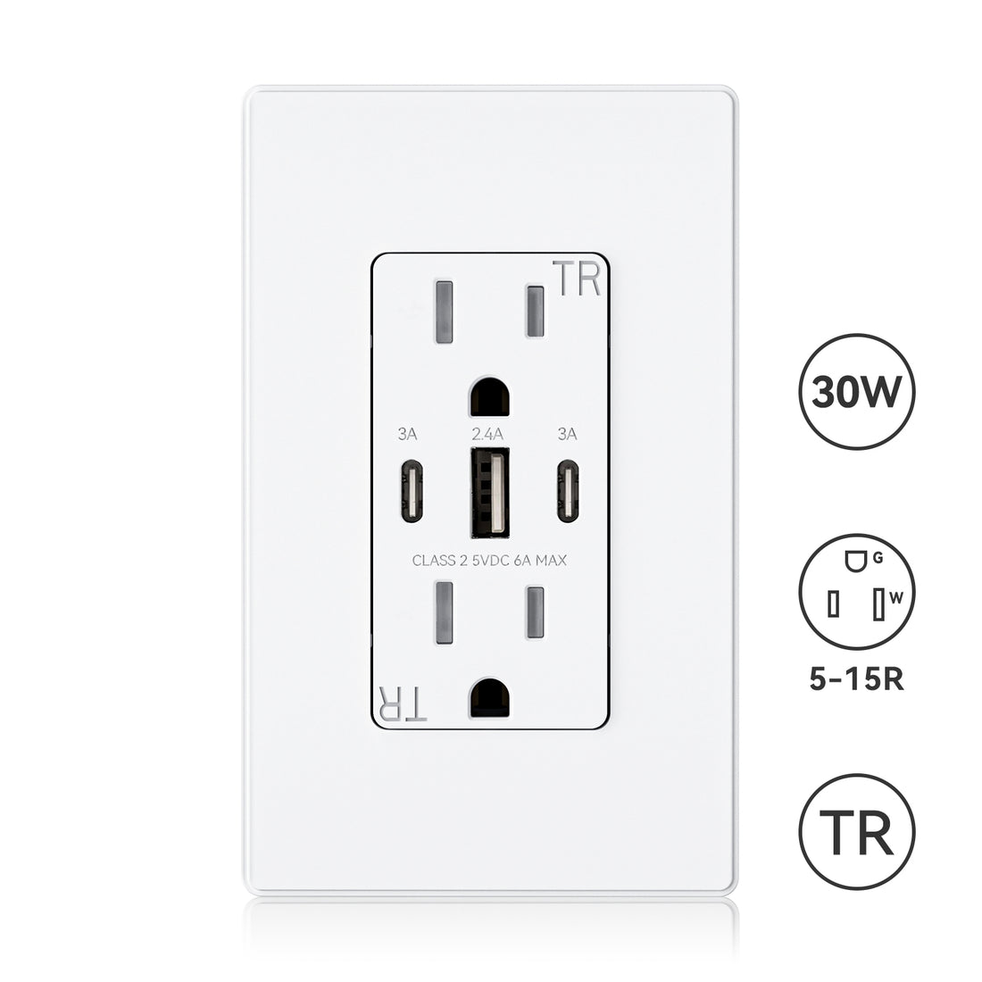 USB C/C/A, 30W 6.0A Total Output Outlet with 15A/20A, Tamper-Resistant Wall Outlet
