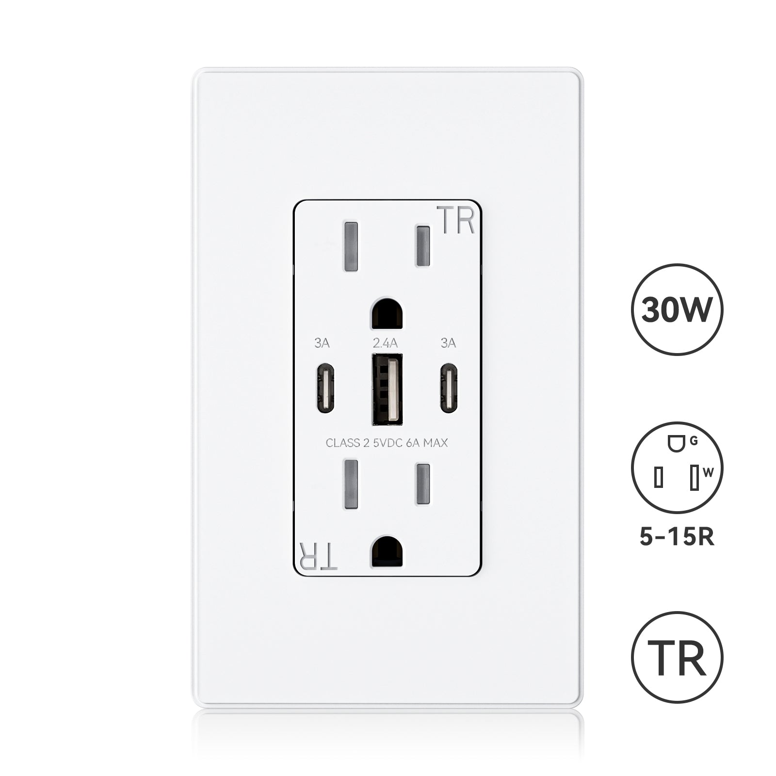 ELEGRP USB Wall Outlets Type CCA 3-Ports 30W 5V 6.0A TR Receptacles