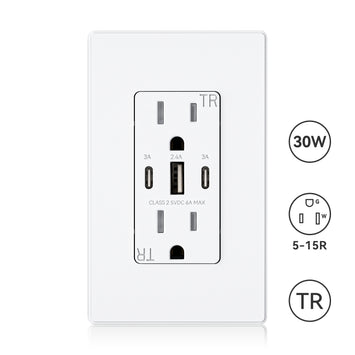 USB C/C/A, 30W 6.0A Total Output Outlet with 15A/20A, Tamper-Resistant Wall Outlet