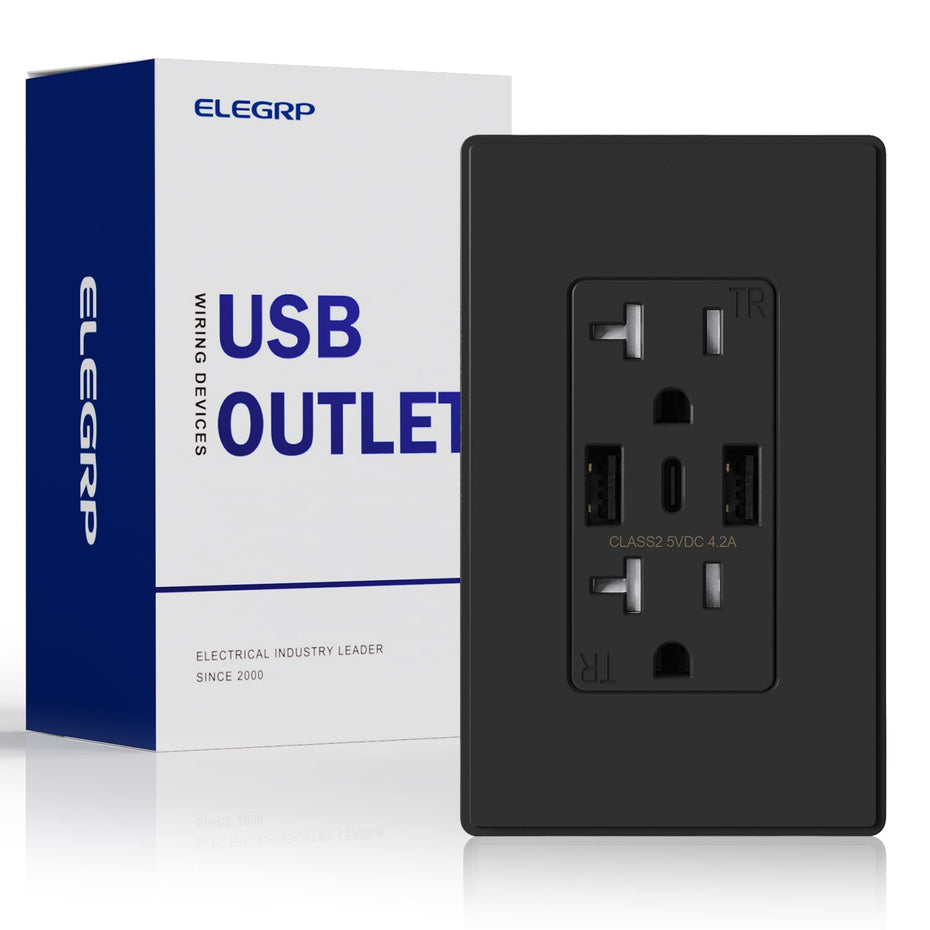 USB Wall Outlets Type AC 2Ports 30W TR Receptacles Black ELEGRP