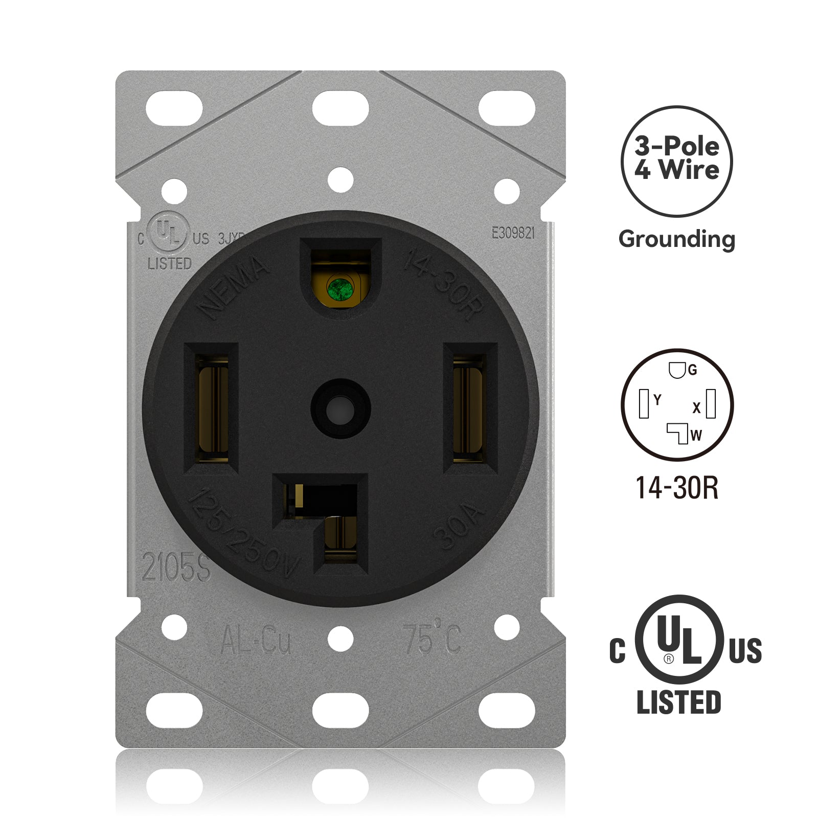 ELEGRP 30/50 Amp Flush Mount Power Receptacle, NEMA 14-30R & 14-50R Outlet, and Heavy Duty Plug, NEMA 14-30P & 14-50P, 125/250V, UL Listed