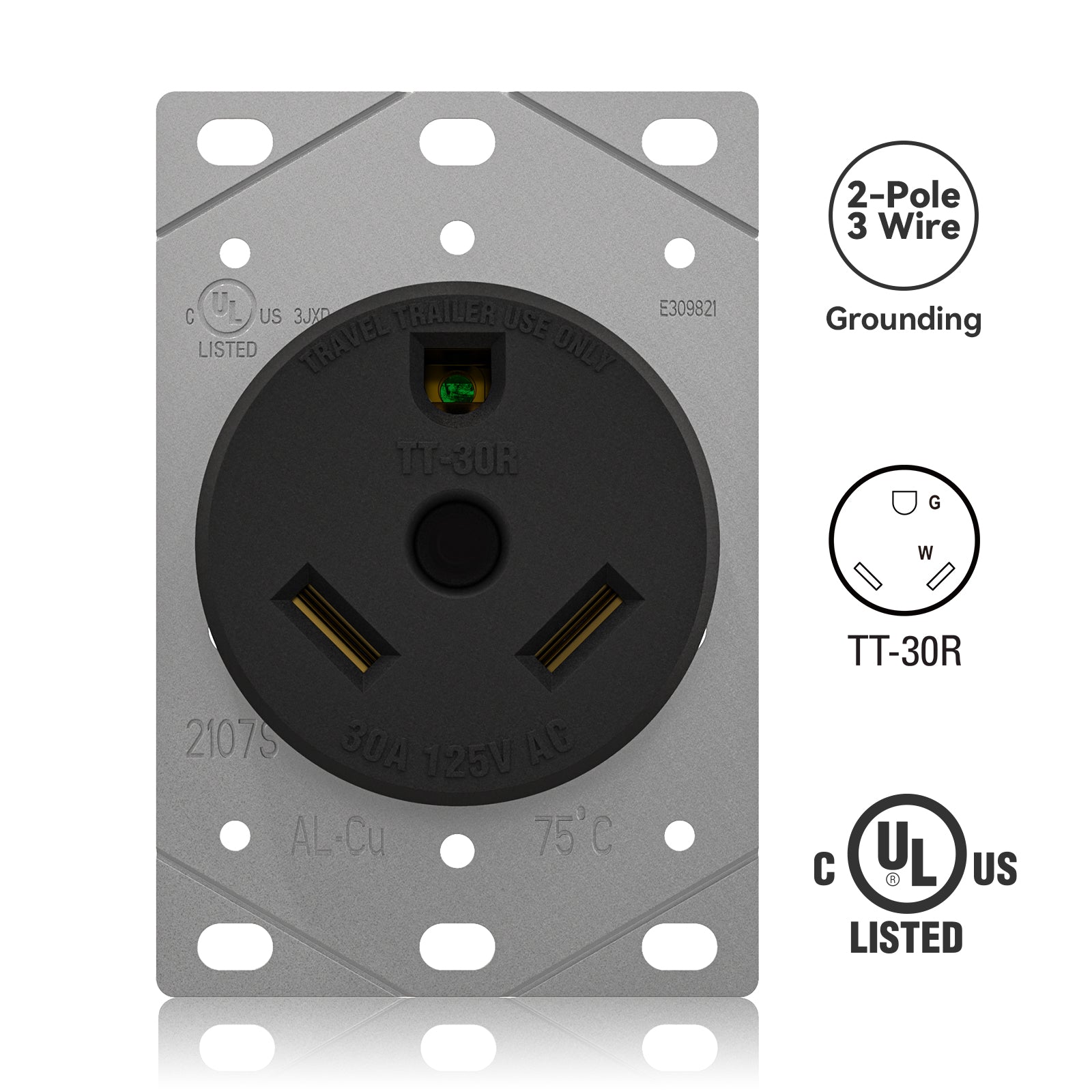 ELEGRP 30 Amp RV Receptacle, Flush Mount NEMA TT-30R Outlet & Heavy Duty NEMA TT-30P Plug, 125V, 2 Pole 3 Wire, UL Listed