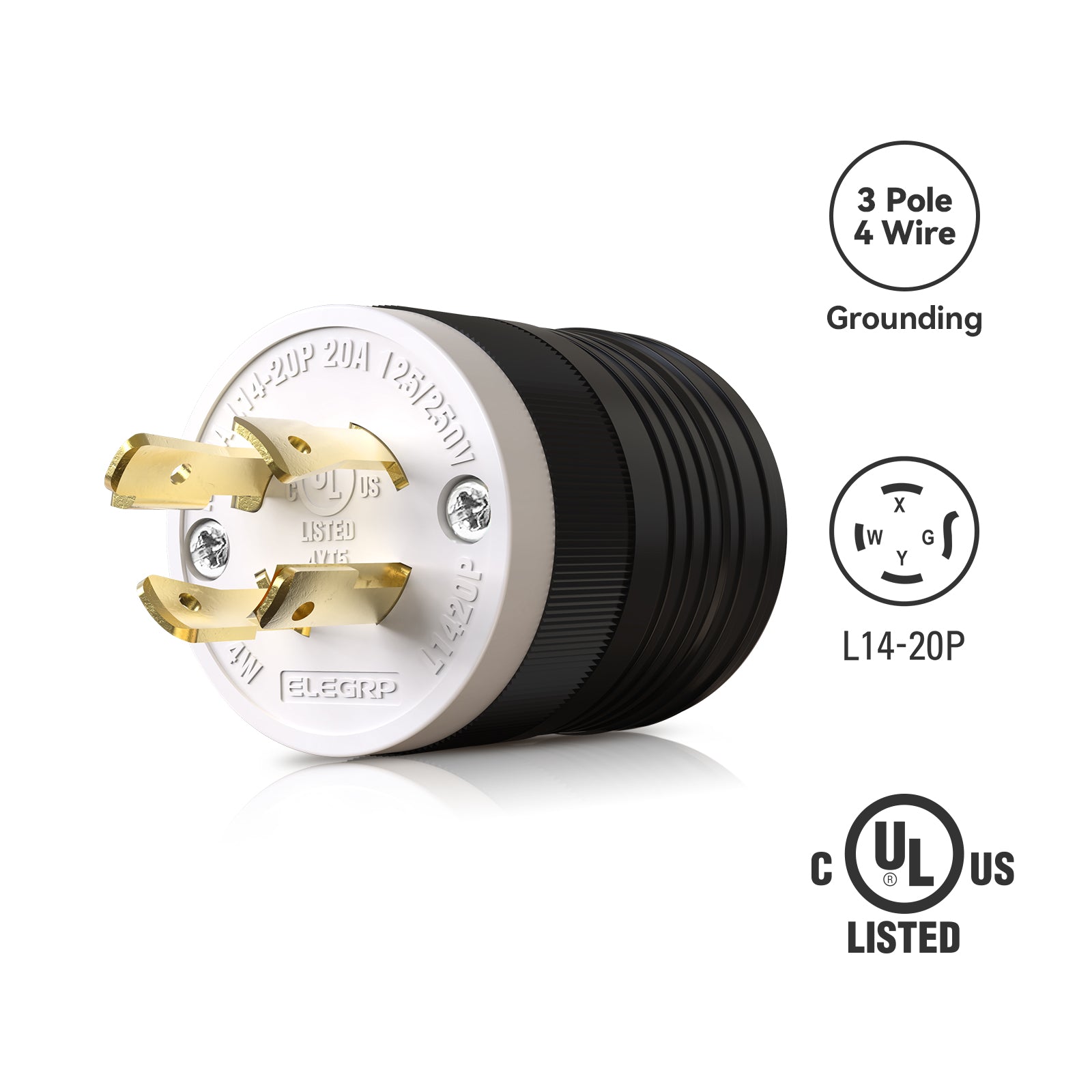 ELEGRP NEMA L14-20P & L14-20R Locking Plug and Connector Set, Generator Twist Lock Adapter, 20A 125/250V, 3 Pole 4 Wire Grounding