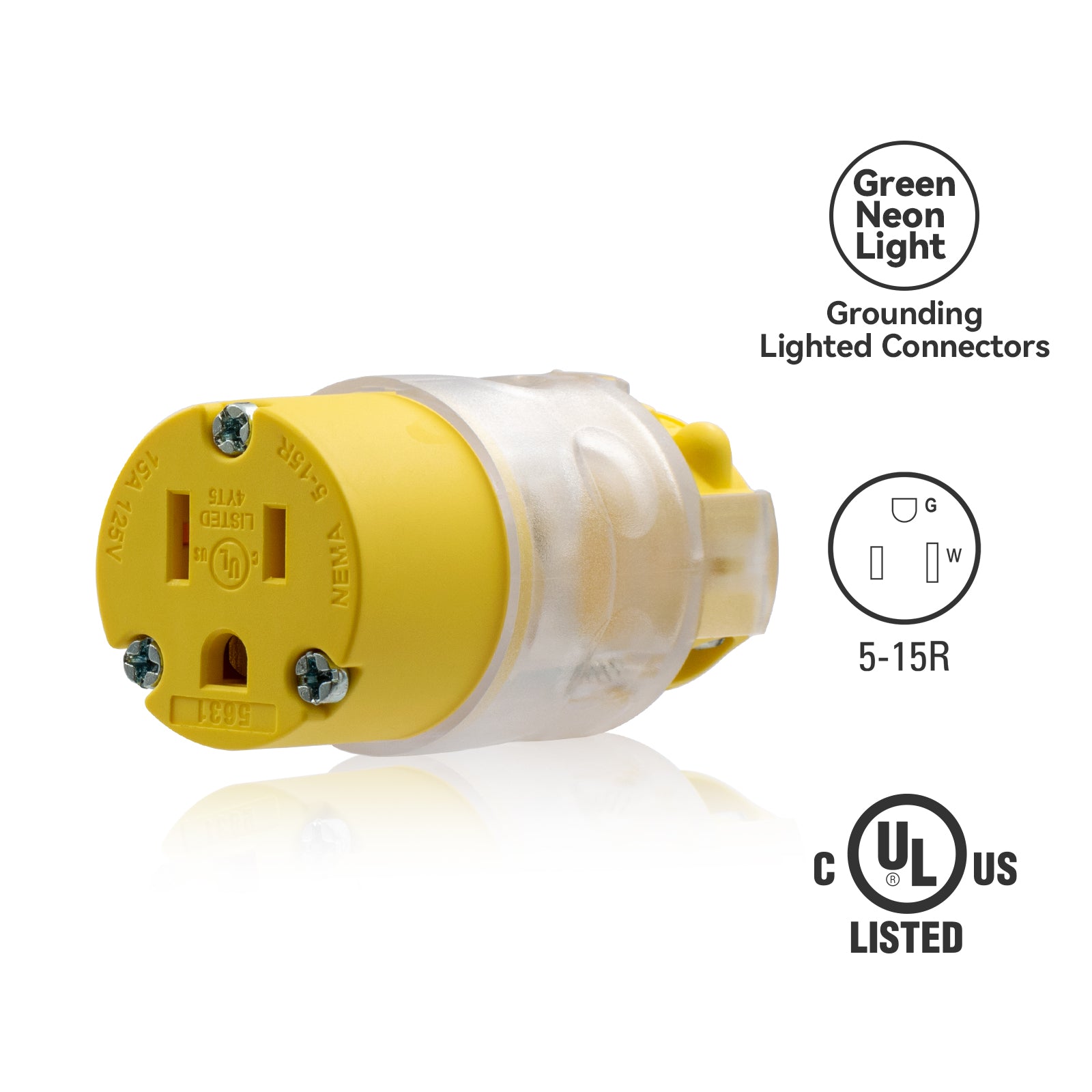 ELEGRP Lighted Electrical Plug and Connector Set, 15A 125V, NEMA 5-15P & NEMA 5-15R, 2 Pole 3 Wire Grounding, Commercial Grade, Yellow