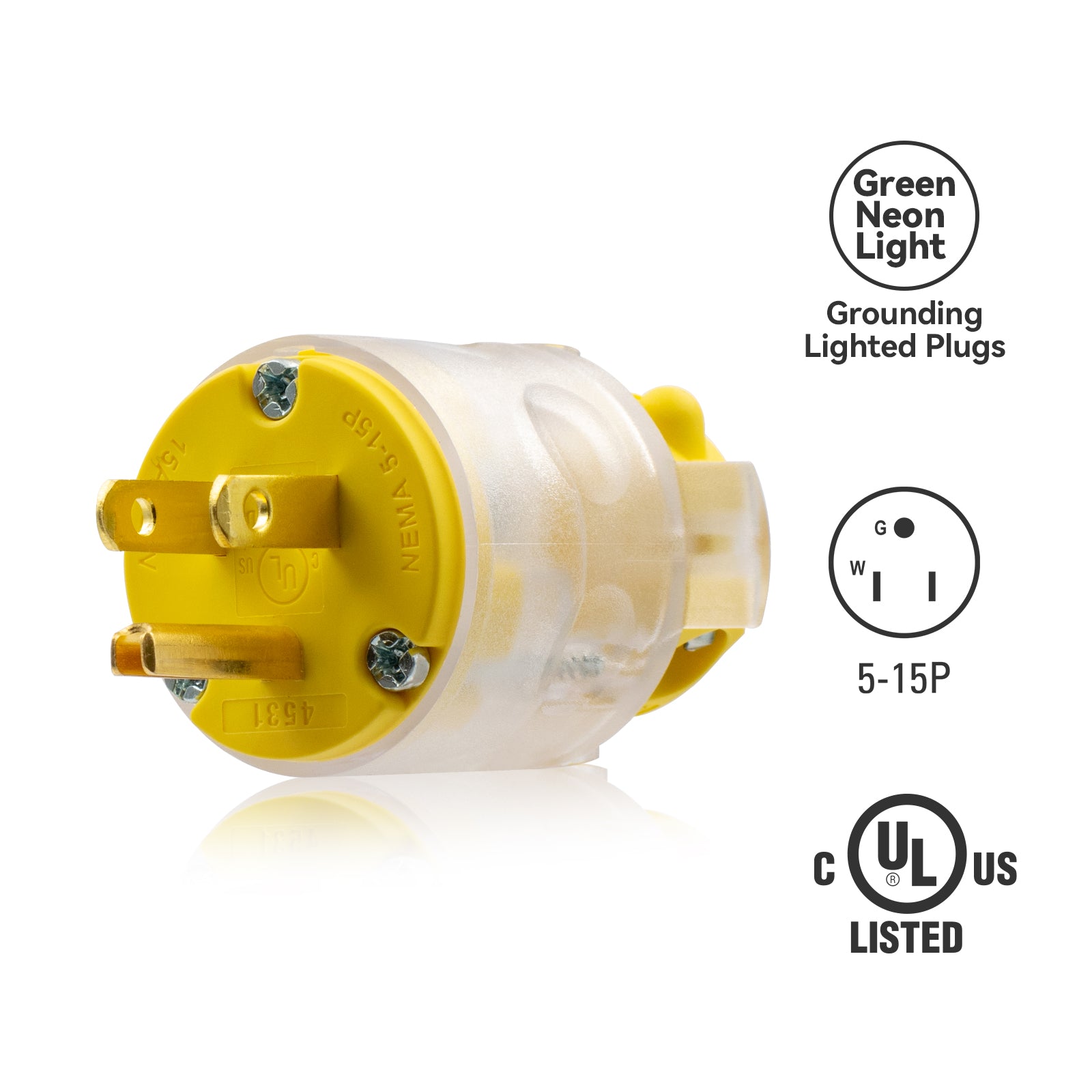 ELEGRP Lighted Electrical Plug and Connector Set, 15A 125V, NEMA 5-15P & NEMA 5-15R, 2 Pole 3 Wire Grounding, Commercial Grade, Yellow